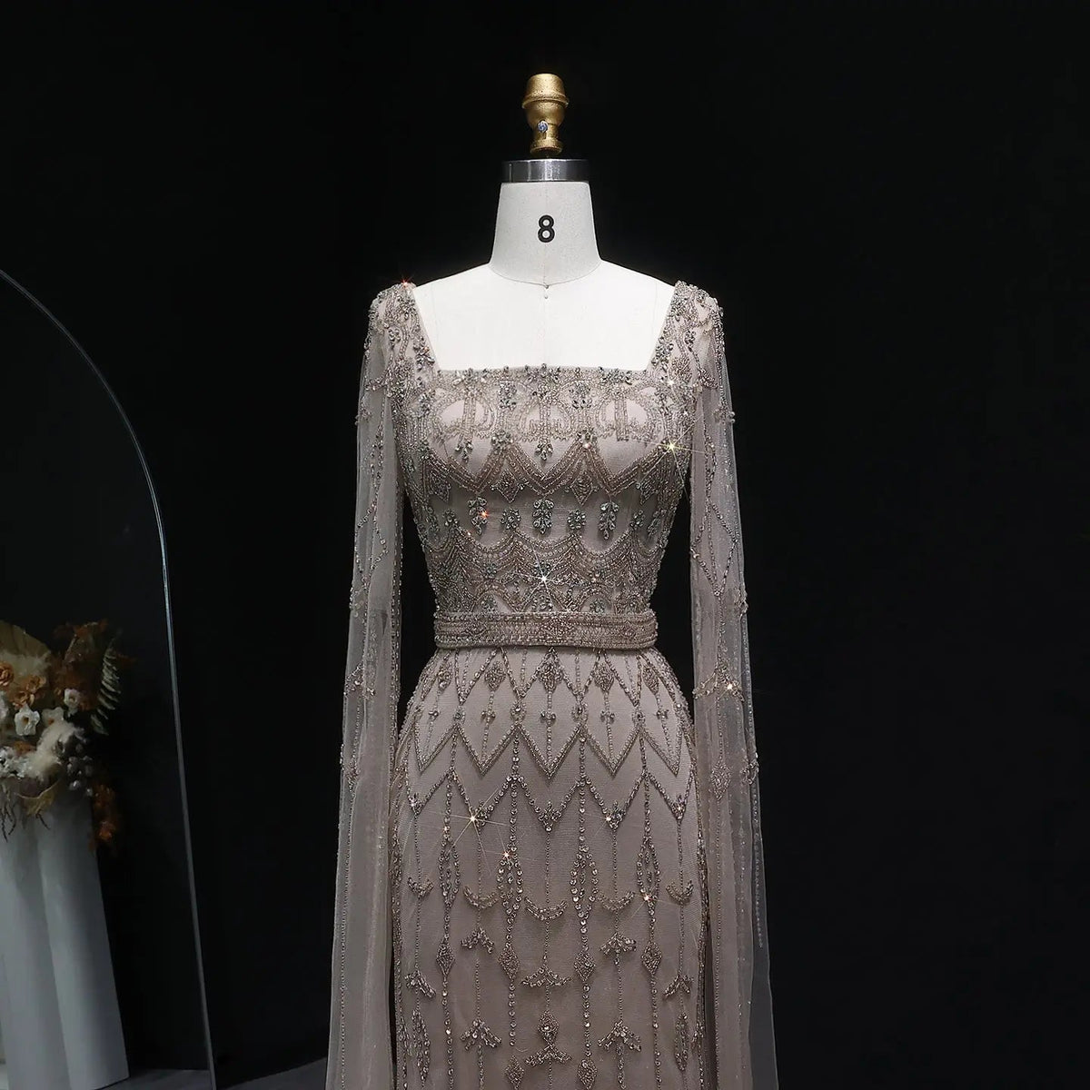 Luxury Beaded Turquoise Evening Dress with Cape Sleeves SS089