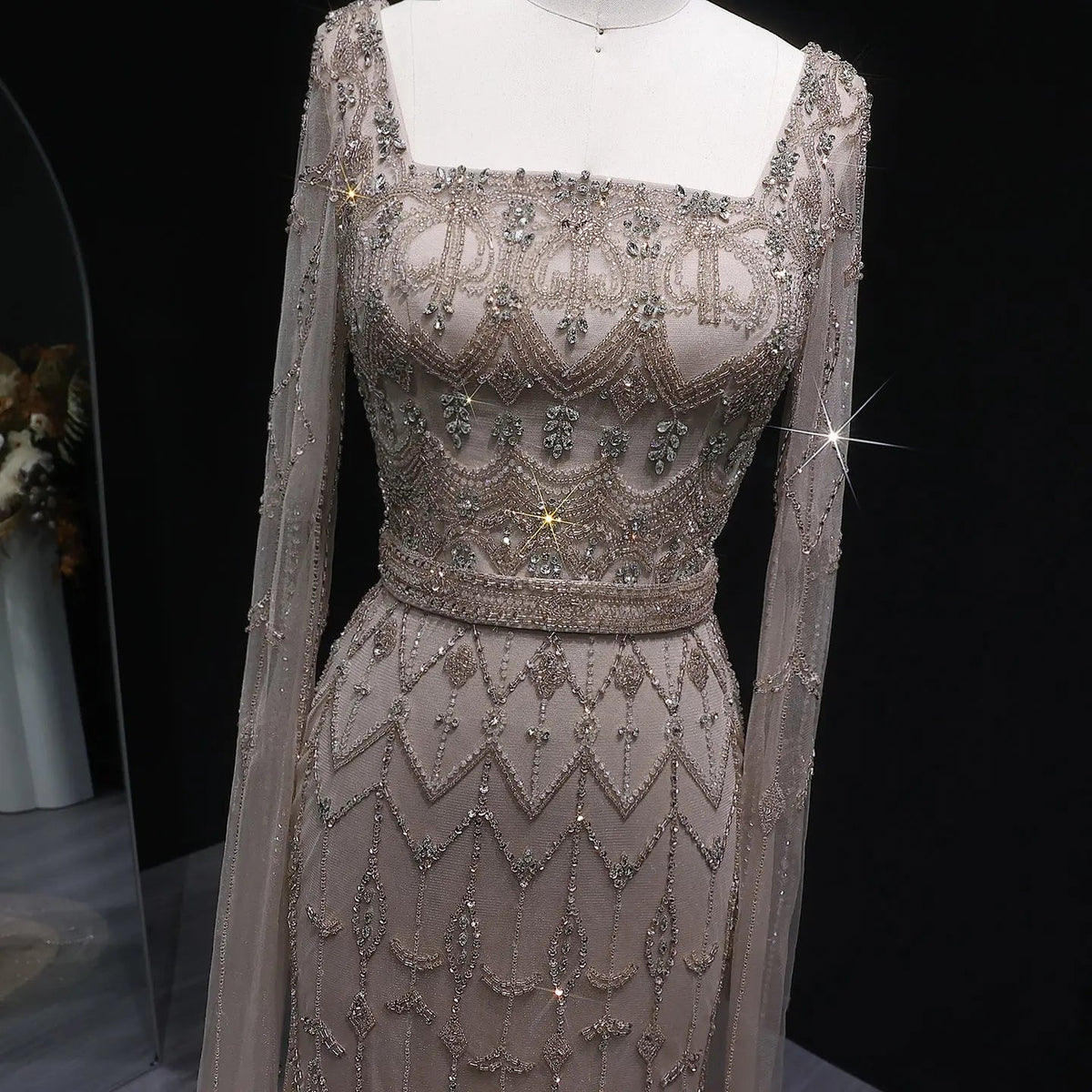 Luxury Beaded Turquoise Evening Dress with Cape Sleeves SS089