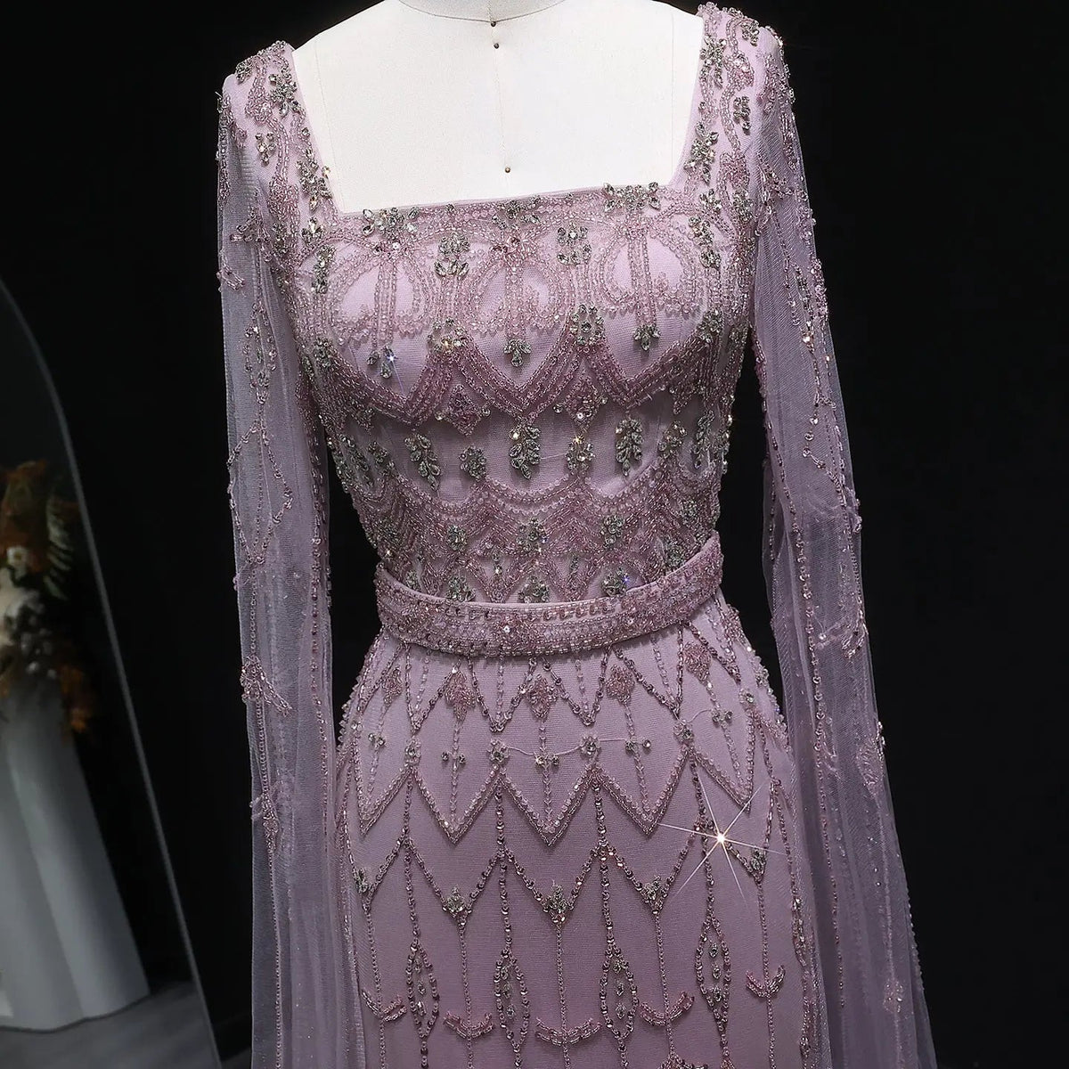 Luxury Beaded Turquoise Evening Dress with Cape Sleeves SS089