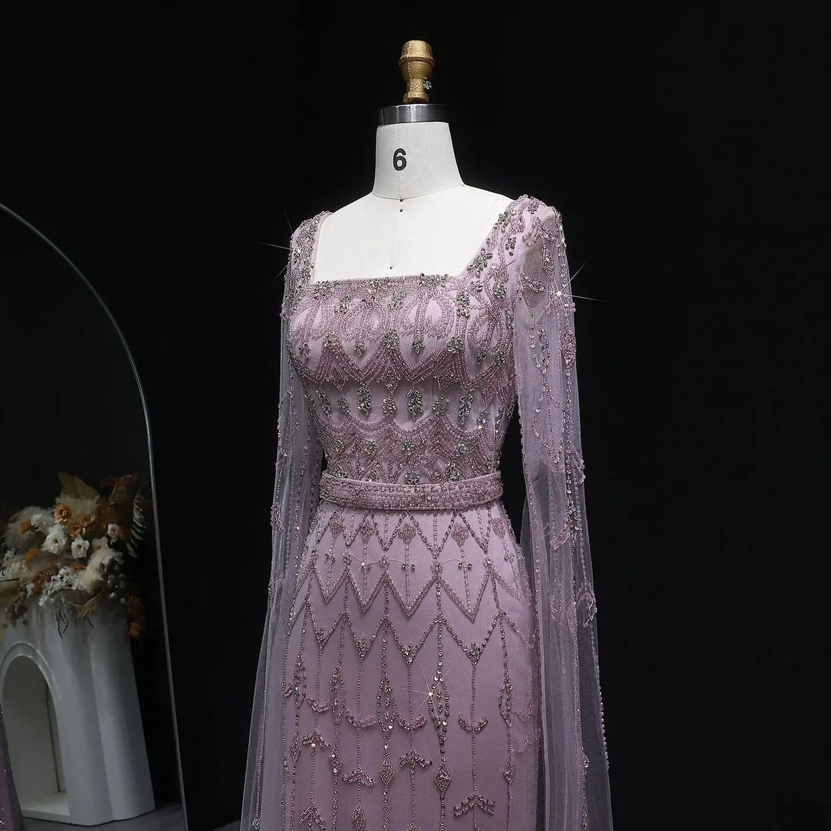 Luxury Beaded Turquoise Evening Dress with Cape Sleeves SS089