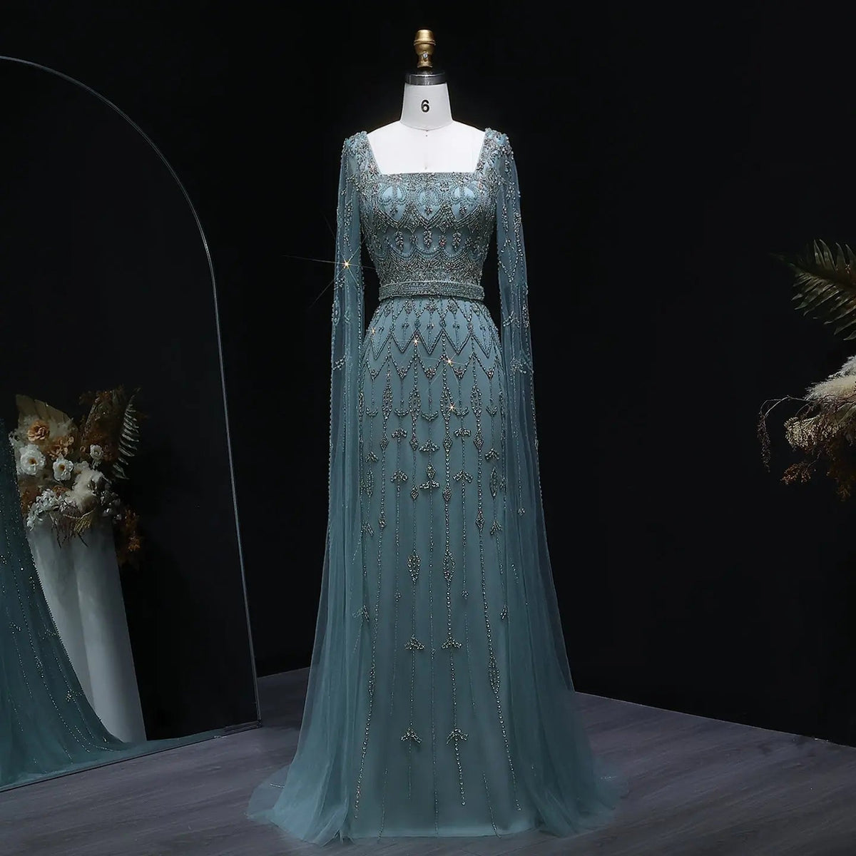 Luxury Beaded Turquoise Evening Dress with Cape Sleeves SS089