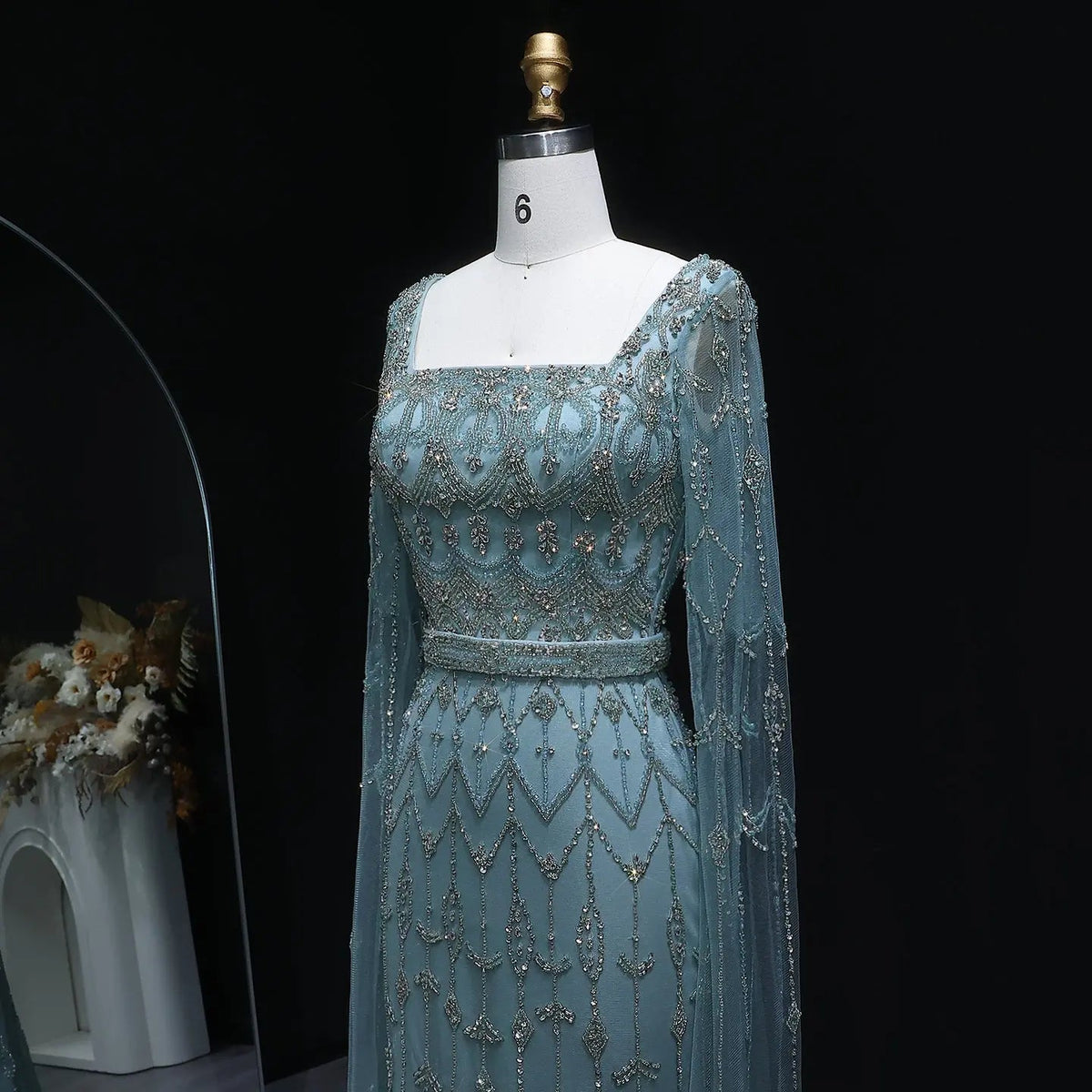 Luxury Beaded Turquoise Evening Dress with Cape Sleeves SS089