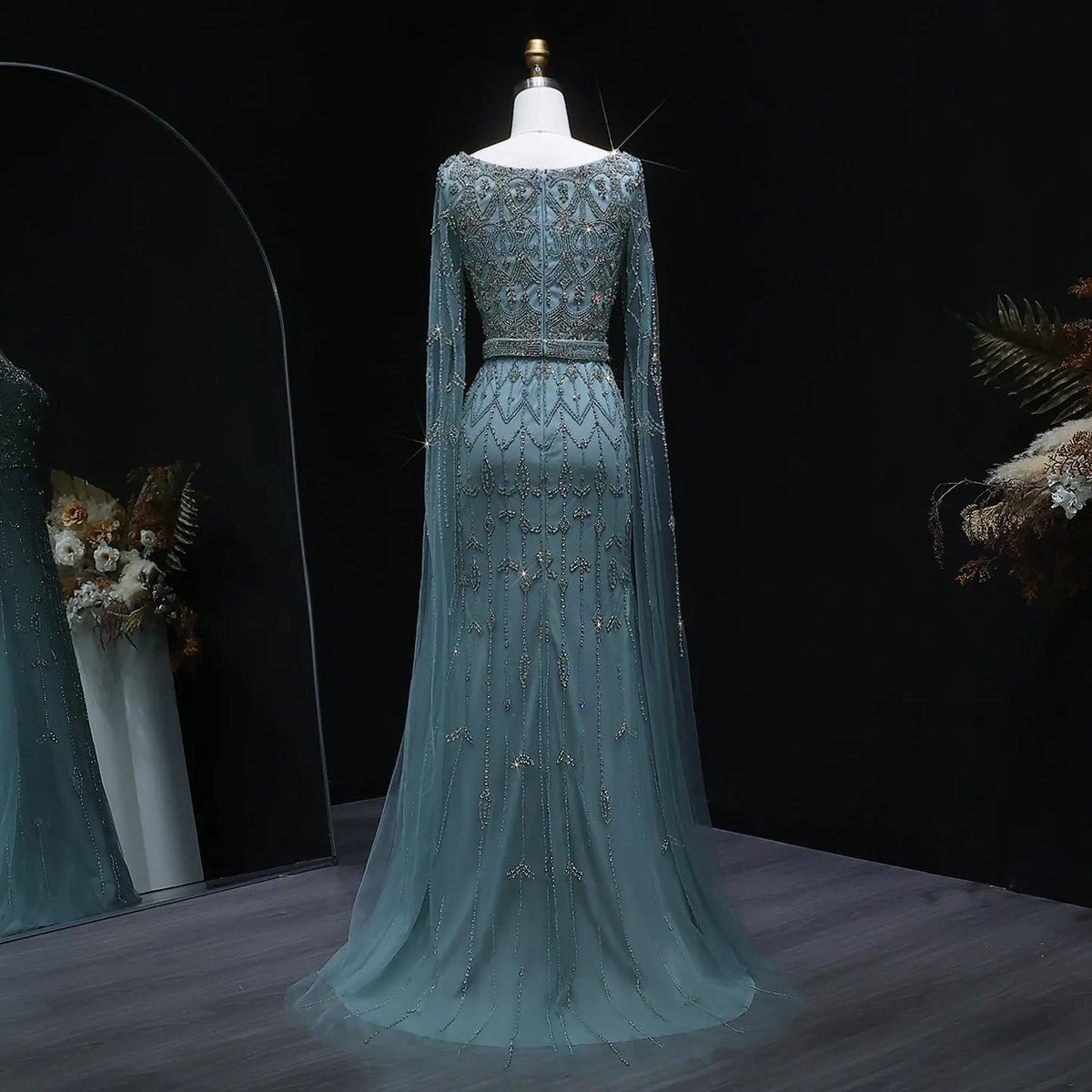 Luxury Beaded Turquoise Evening Dress with Cape Sleeves SS089