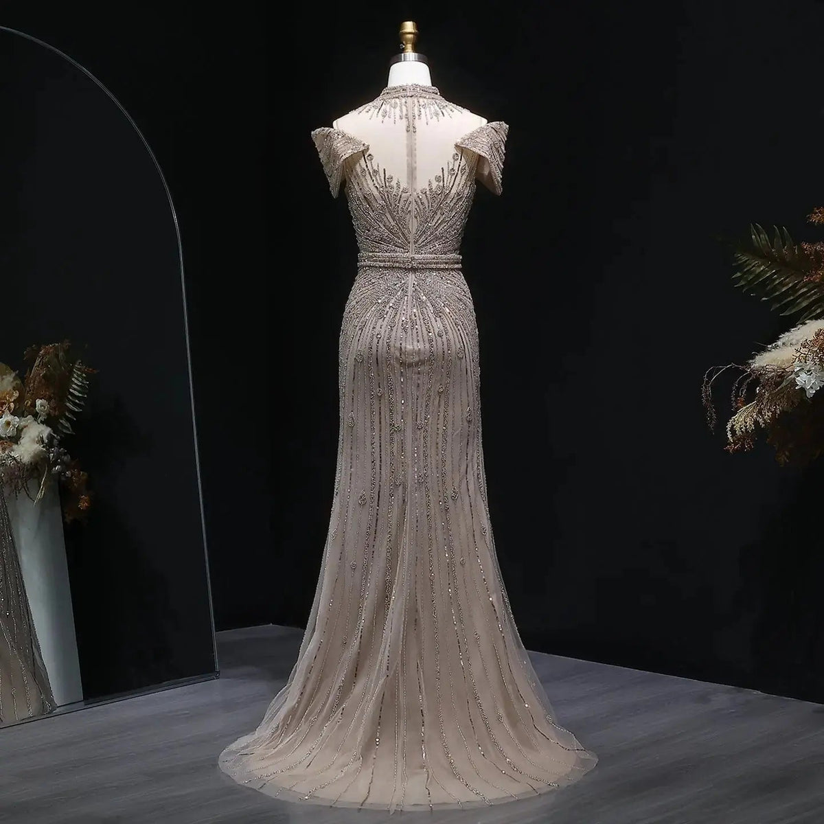 Luxury Off Shoulder Wine Red Beaded Evening Dress SS109
