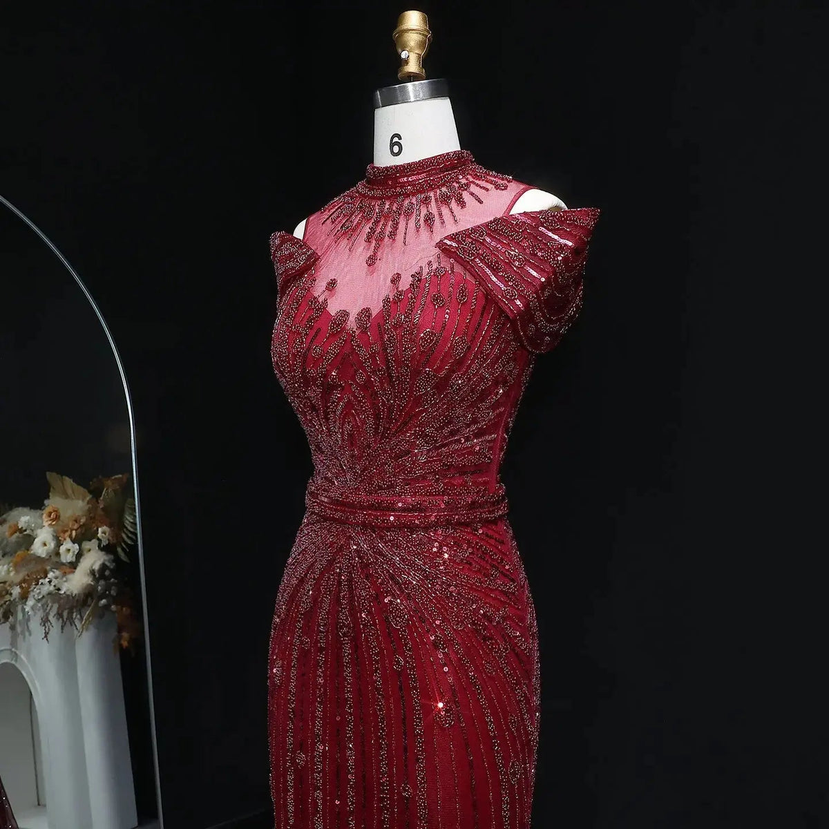 Luxury Off Shoulder Wine Red Beaded Evening Dress SS109