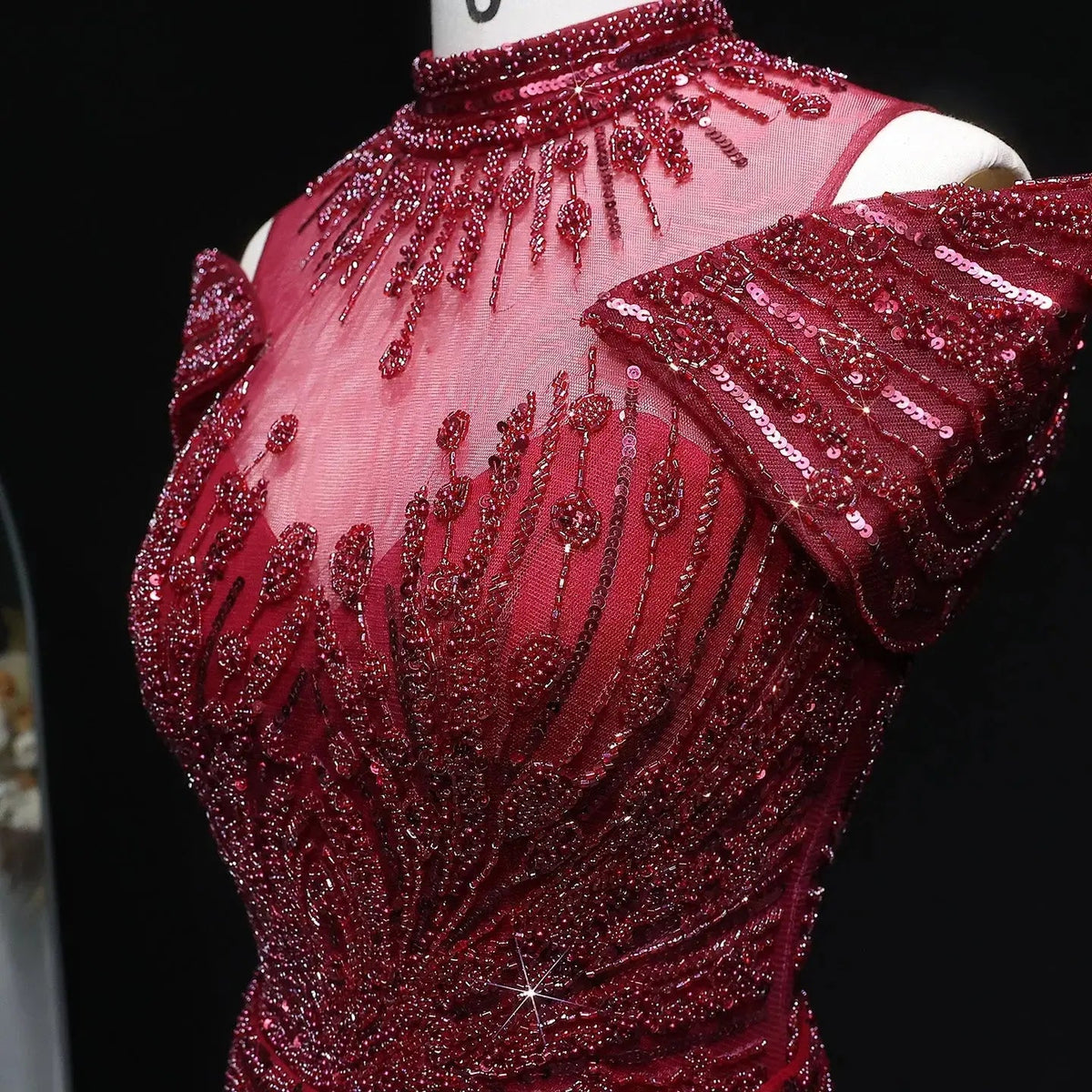 Luxury Off Shoulder Wine Red Beaded Evening Dress SS109