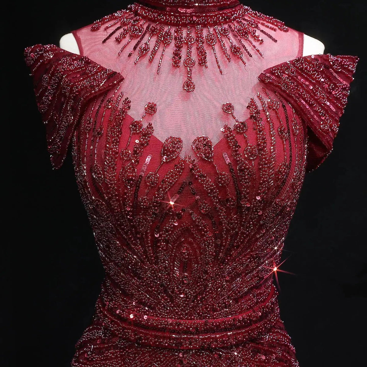 Luxury Off Shoulder Wine Red Beaded Evening Dress SS109
