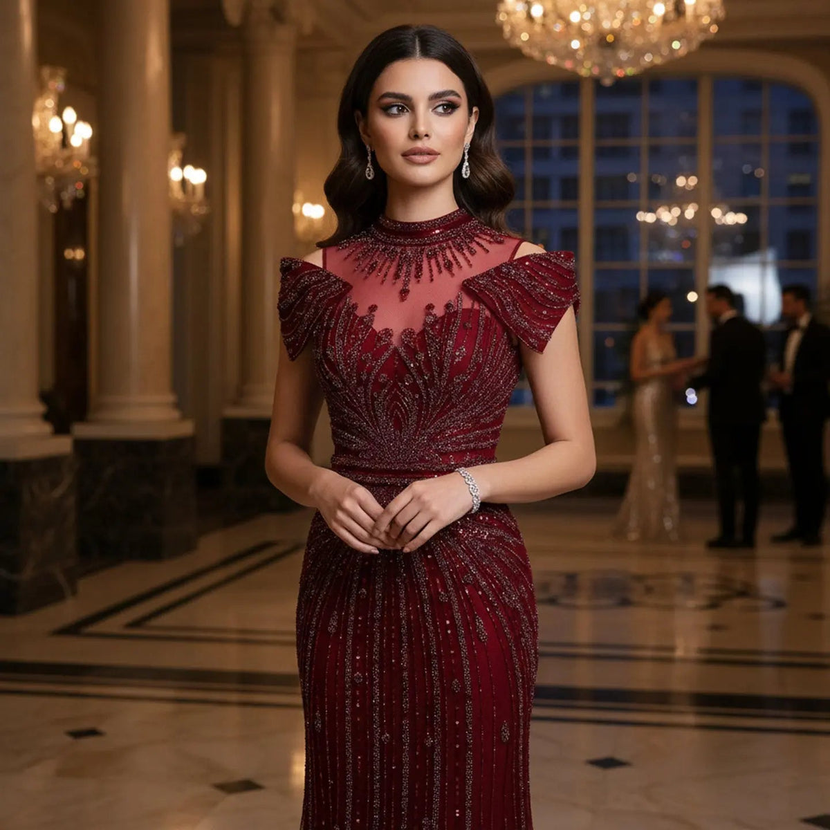 Luxury Off Shoulder Wine Red Beaded Evening Dress SS109