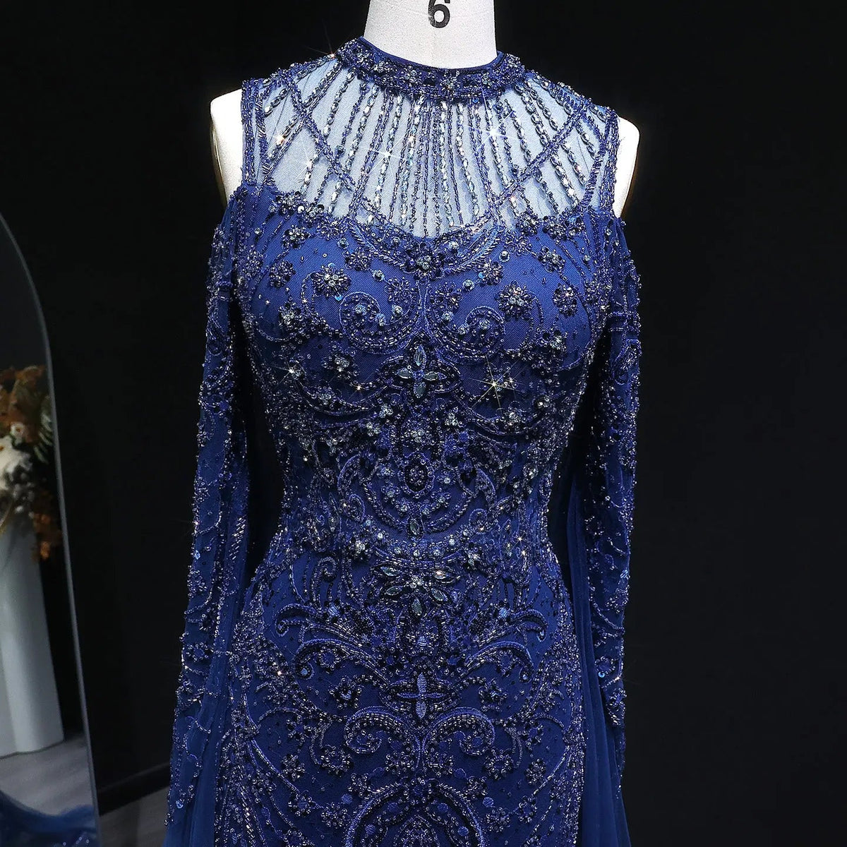 Luxury Beaded Evening Dress with Off-the-shoulder Cape Sleeves SS111