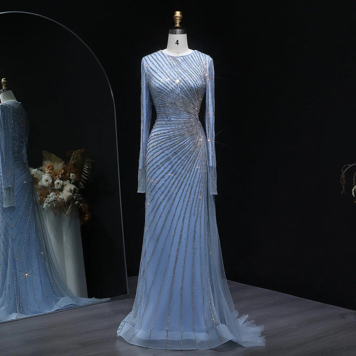 Luxury Beaded Gold Long Sleeves Evening Dress with Overskirt SS113