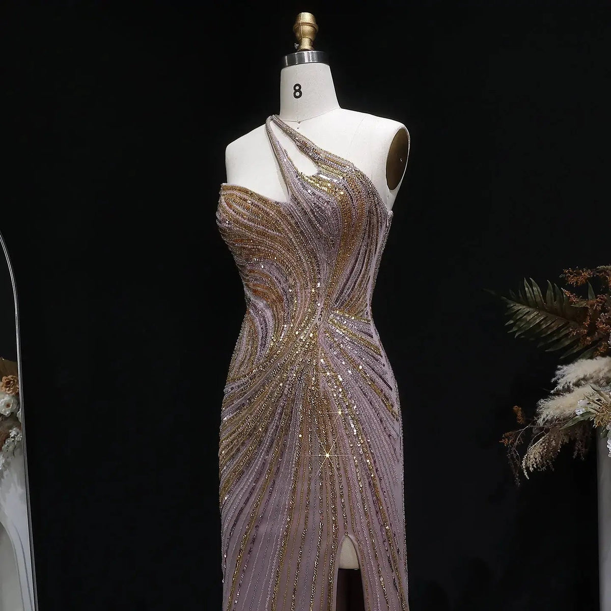 Elegant Gold One-Shoulder Beaded High Slit Mermaid Evening Dress SS153