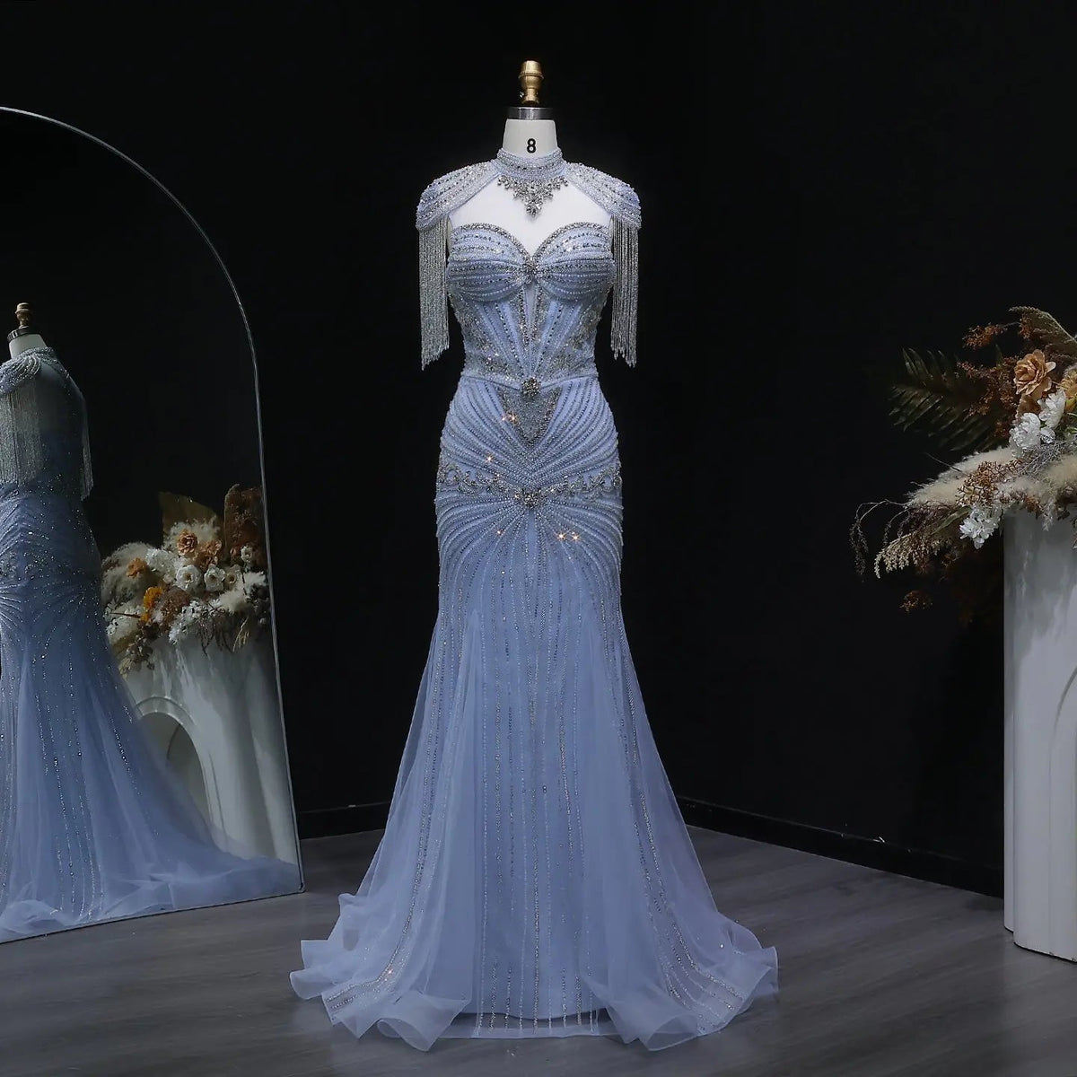 Luxury Blue Beaded Evening Dress with Shoulder Tassels SS190