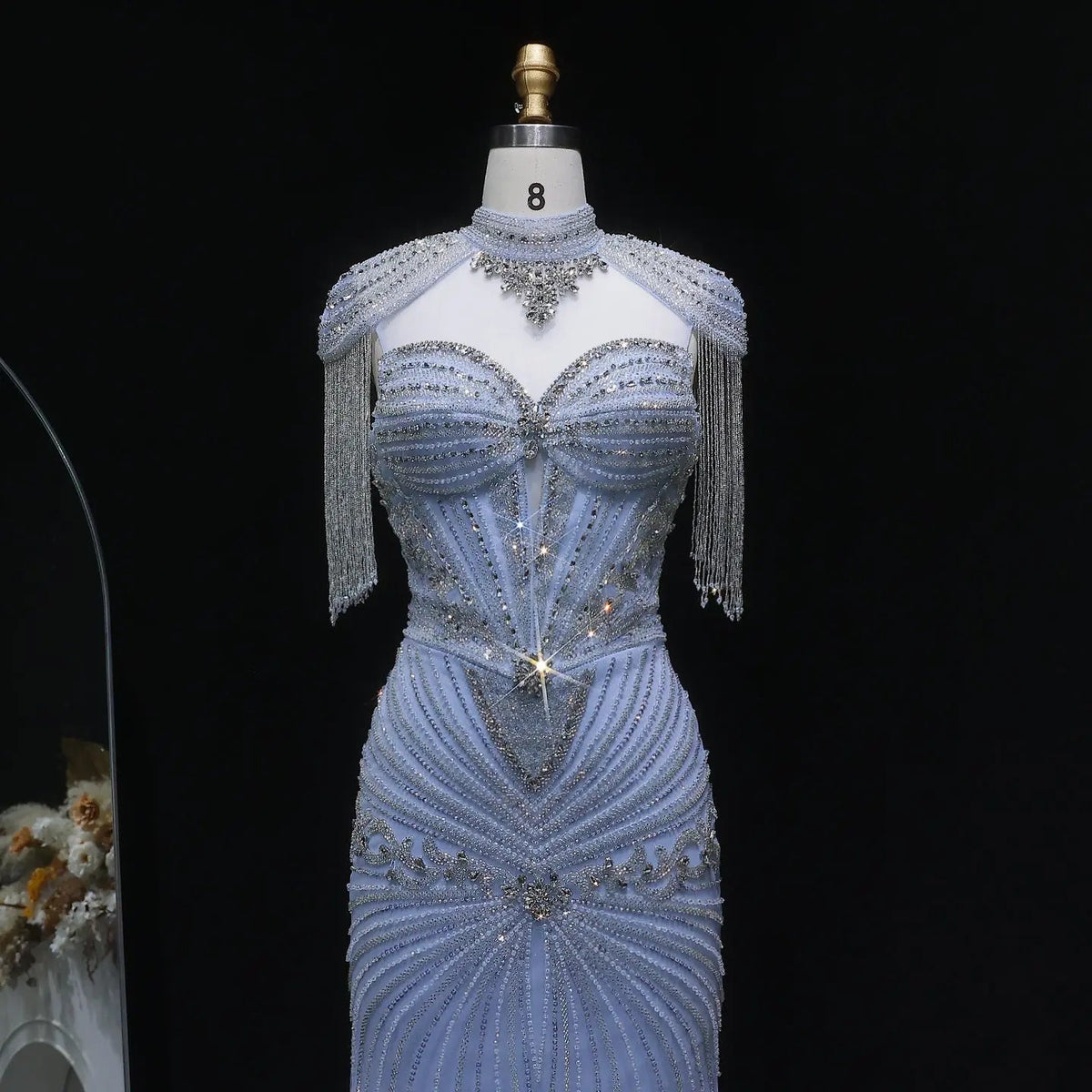 Luxury Blue Beaded Evening Dress with Shoulder Tassels SS190