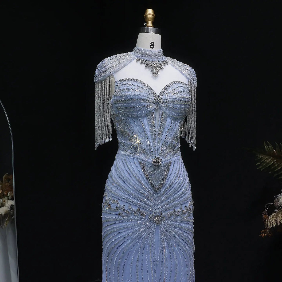 Luxury Blue Beaded Evening Dress with Shoulder Tassels SS190