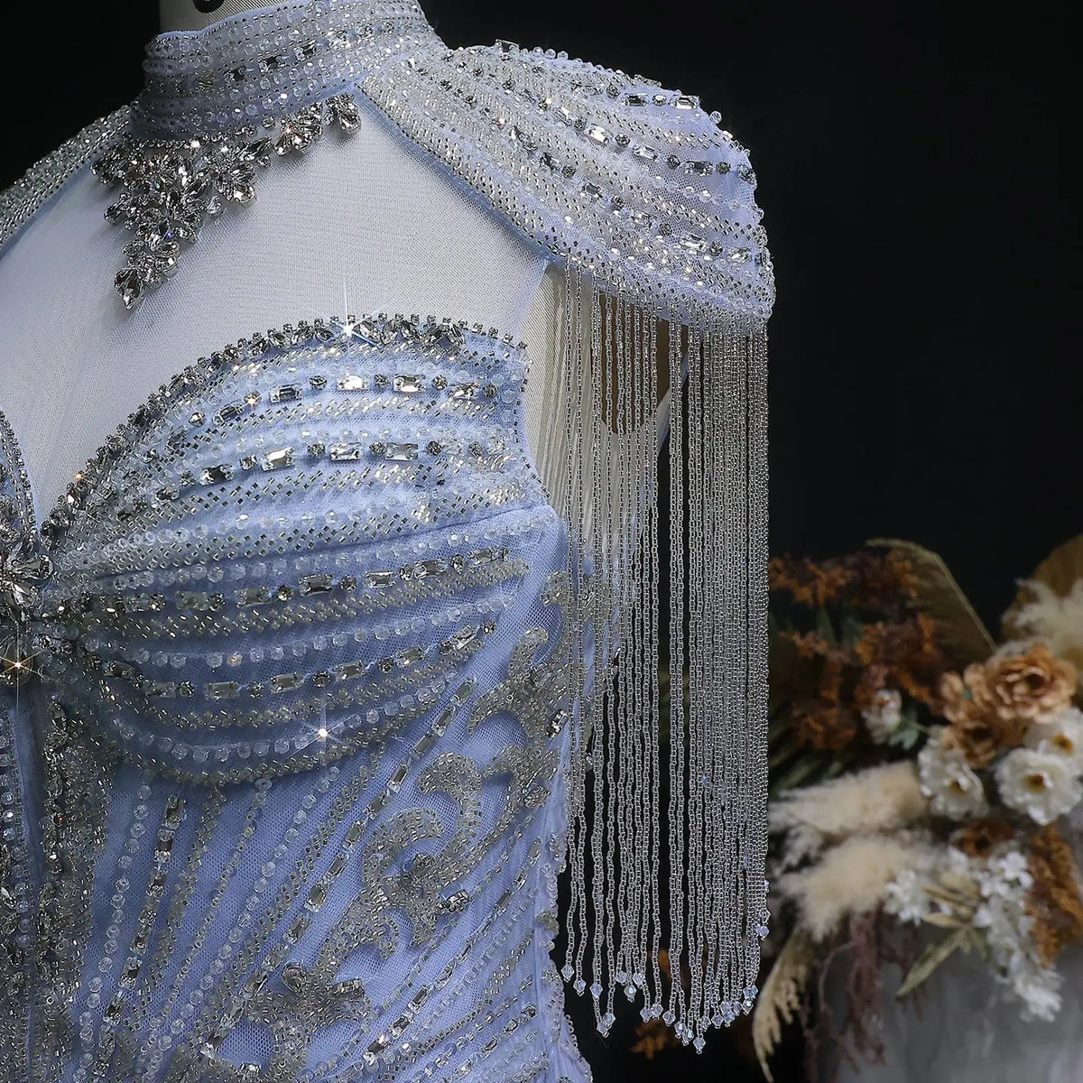 Luxury Blue Beaded Evening Dress with Shoulder Tassels SS190