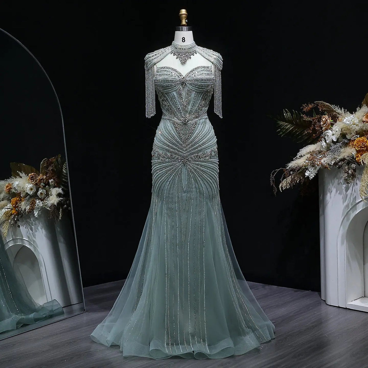 Luxury Blue Beaded Evening Dress with Shoulder Tassels SS190