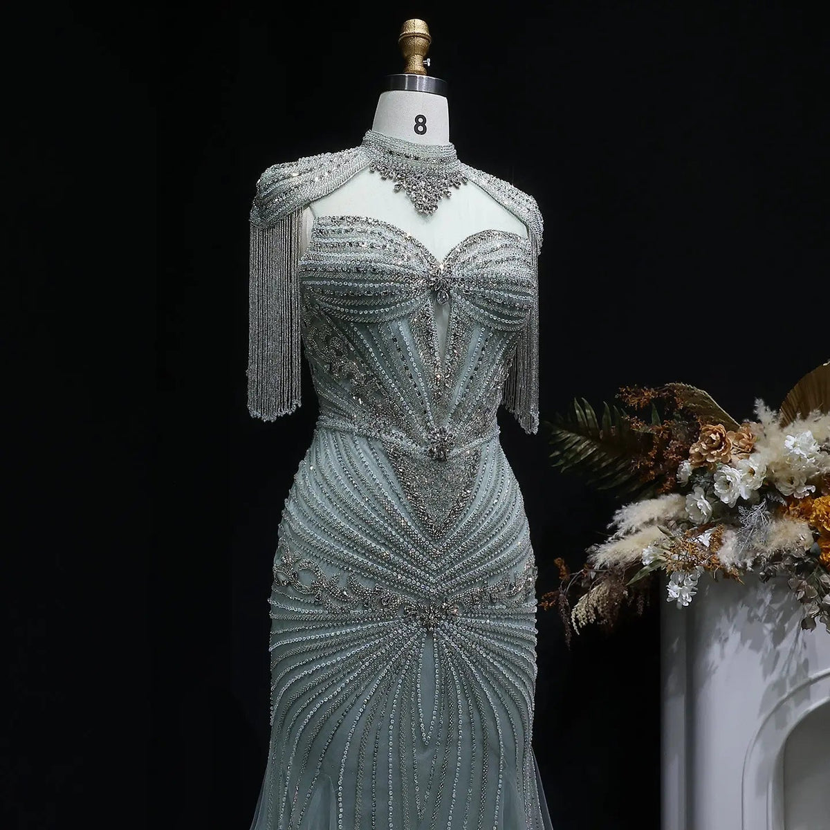 Luxury Blue Beaded Evening Dress with Shoulder Tassels SS190
