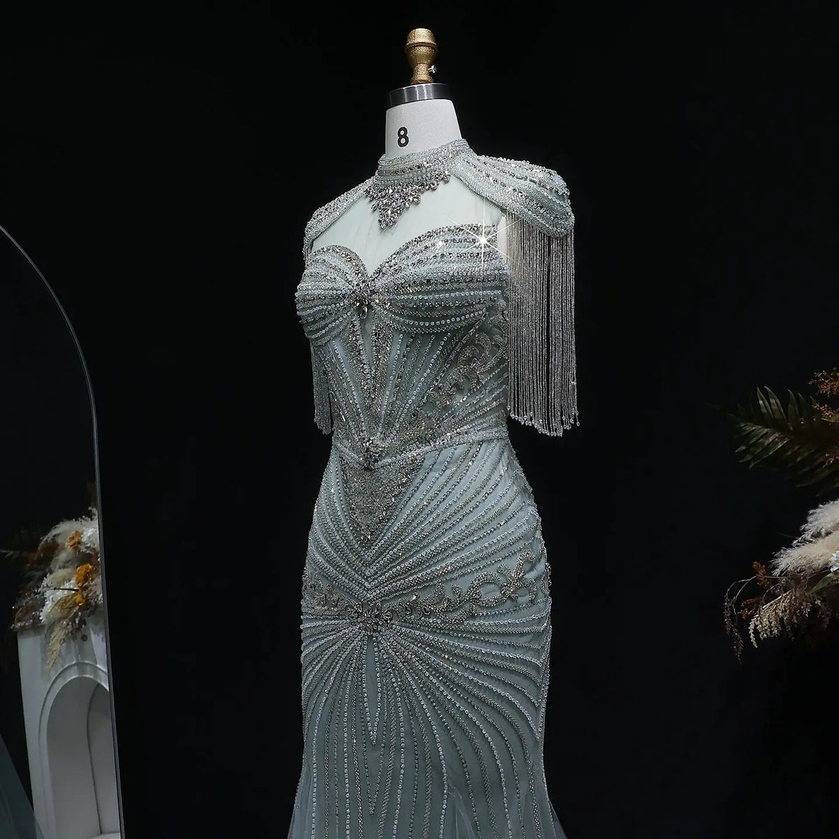 Luxury Blue Beaded Evening Dress with Shoulder Tassels SS190