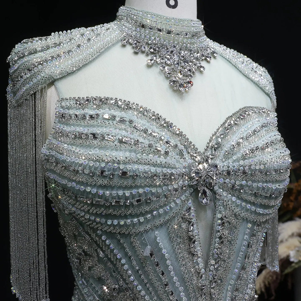 Luxury Blue Beaded Evening Dress with Shoulder Tassels SS190
