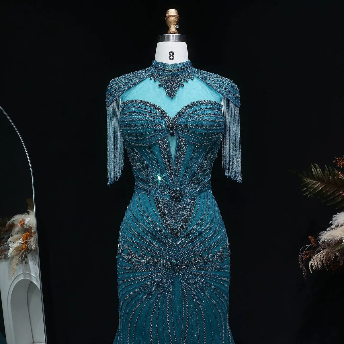 Luxury Blue Beaded Evening Dress with Shoulder Tassels SS190