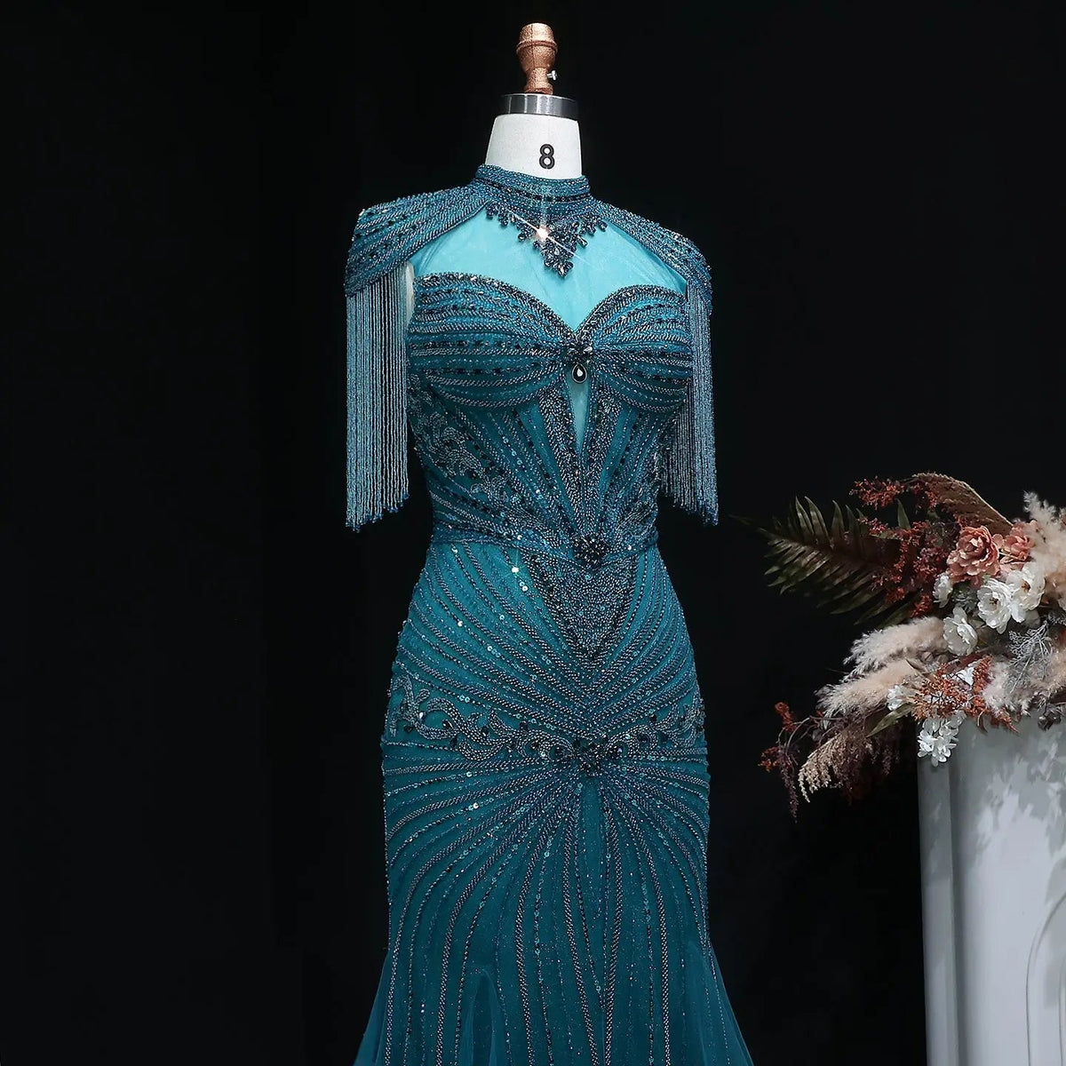 Luxury Blue Beaded Evening Dress with Shoulder Tassels SS190