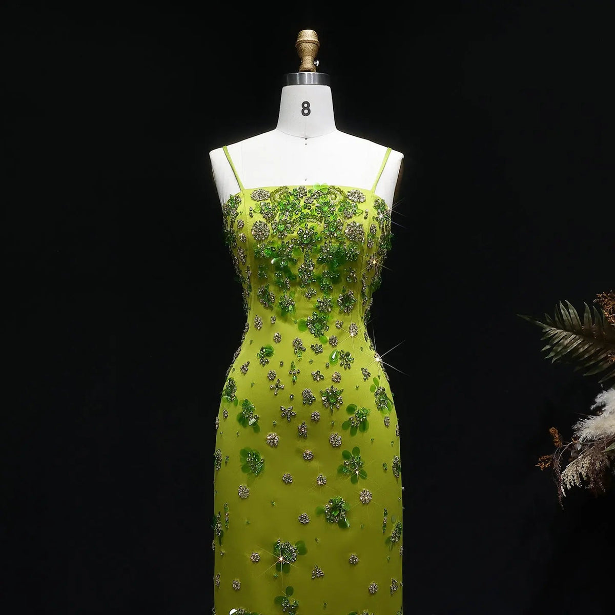 Luxury 3D Floral Beaded Short Green Spaghetti Evening Dress SS233