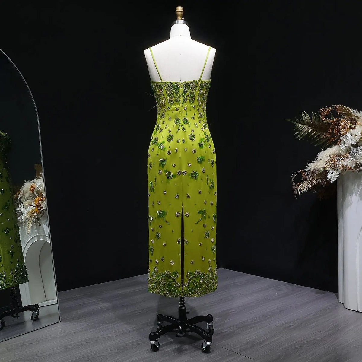 Luxury 3D Floral Beaded Short Green Spaghetti Evening Dress SS233