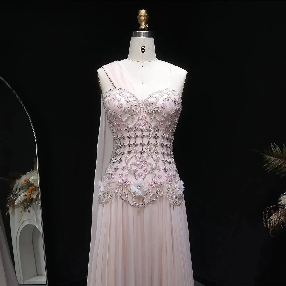Luxury Blush Pink Beaded 3D Floral One-Shoulder Cape Evening Dress SS285