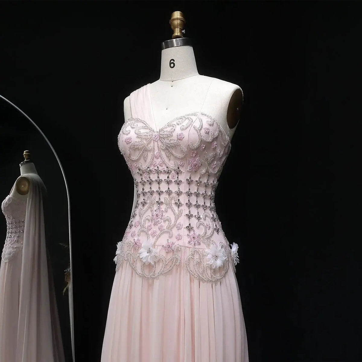 Luxury Blush Pink Beaded 3D Floral One-Shoulder Cape Evening Dress SS285