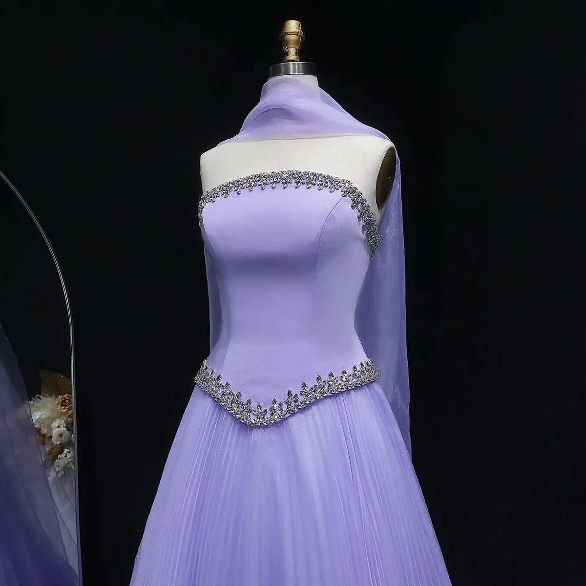 Luxury Lilac 3D Floral Strapless Tulle Evening Dress with Scarf SS620