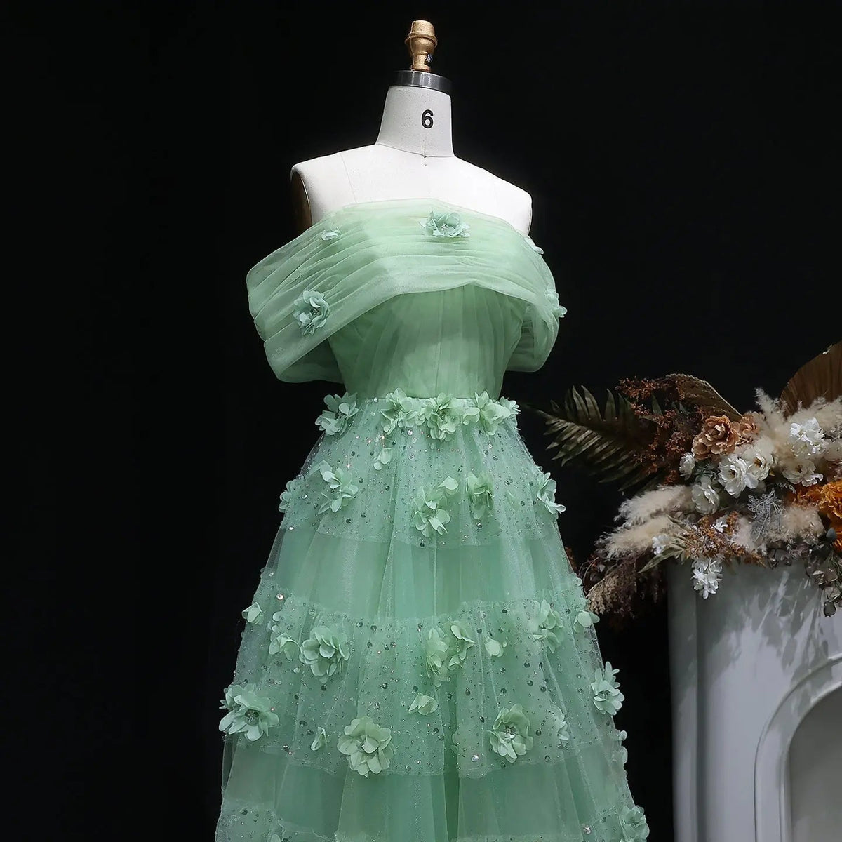 Luxury Sage Green 3D Flowers Dubai Evening Dress with Cape SS346
