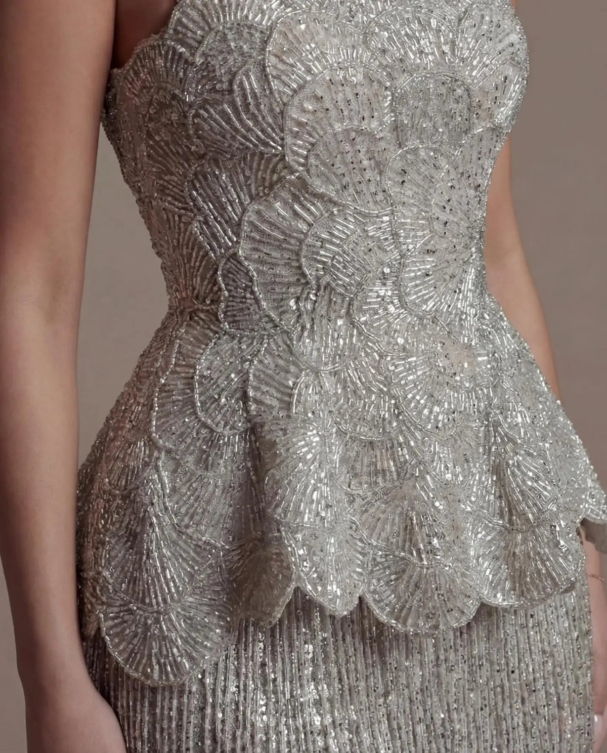 Gray Strapless Mermaid Luxury Beaded Sequins Tassels Skirt Evening Dress SS370