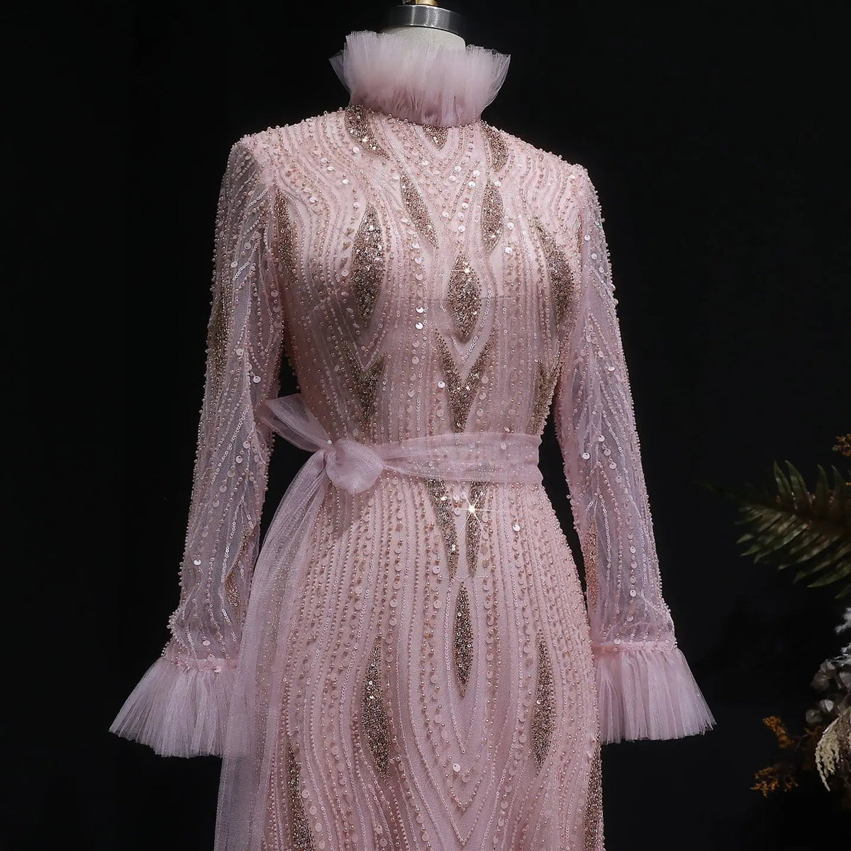 Luxury High-Neck Pink Beaded Embroidered Evening Dress with Belt SS386