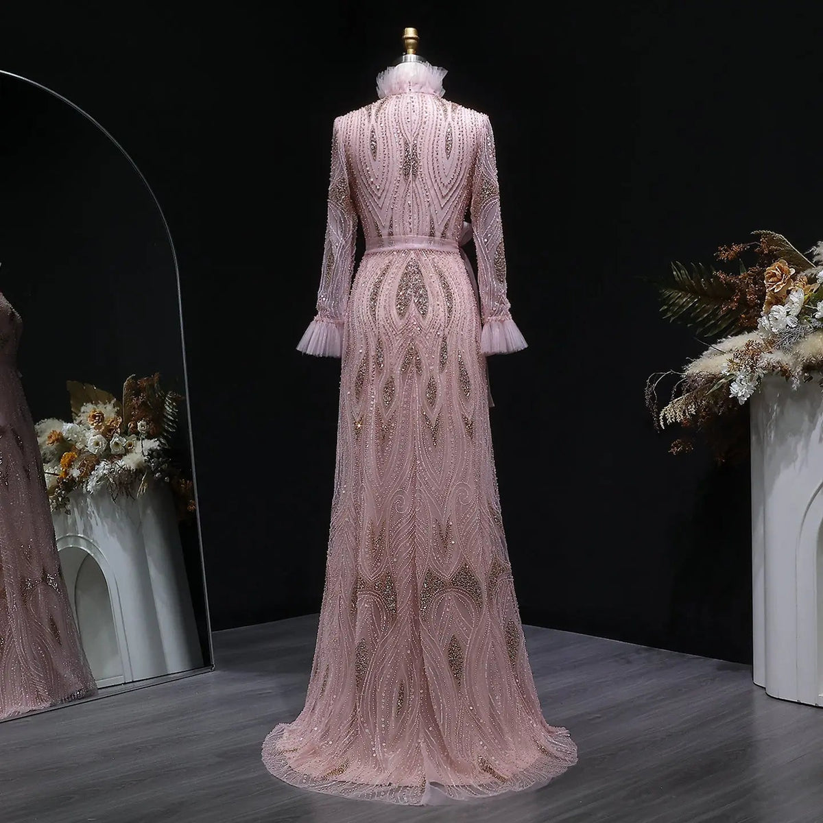 Luxury High-Neck Pink Beaded Embroidered Evening Dress with Belt SS386