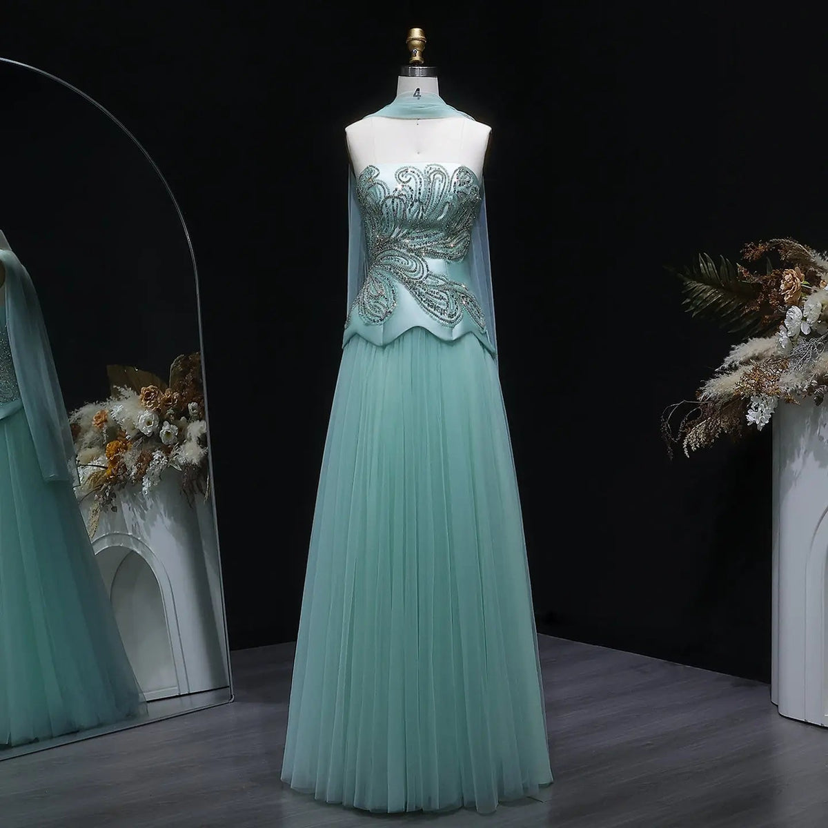 Luxury Aqua Strapless Sequin Cape A-line Evening Dress with Scarf SS413