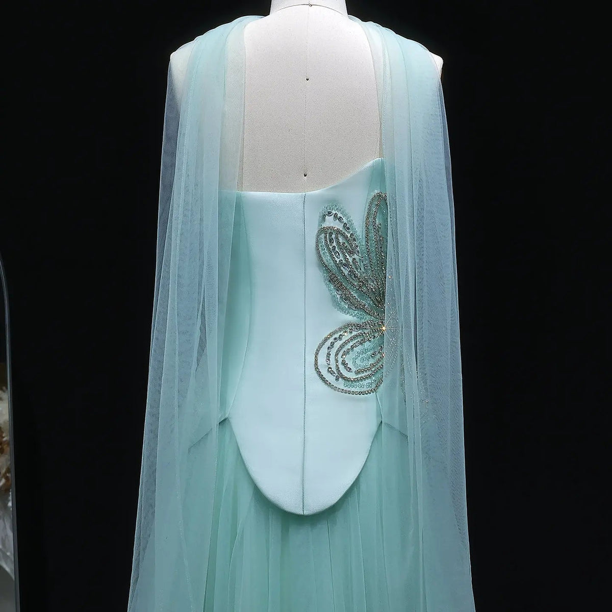 Luxury Aqua Strapless Sequin Cape A-line Evening Dress with Scarf SS413