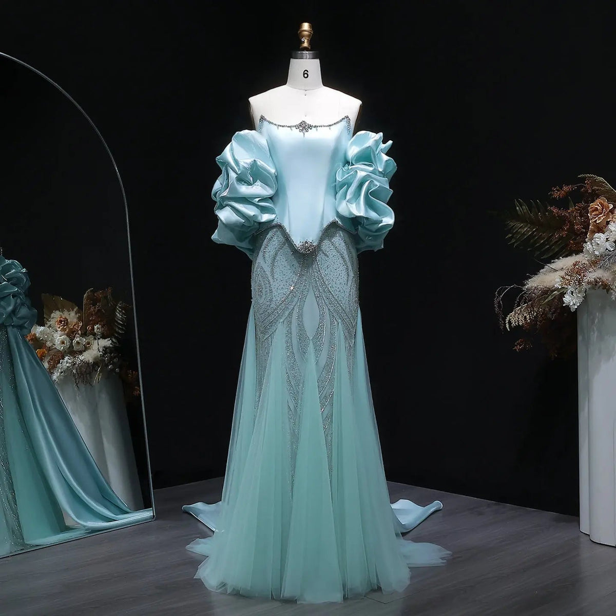 Luxury Aqua Strapless Puff Sleeve Beaded Mermaid Evening Dress SS501