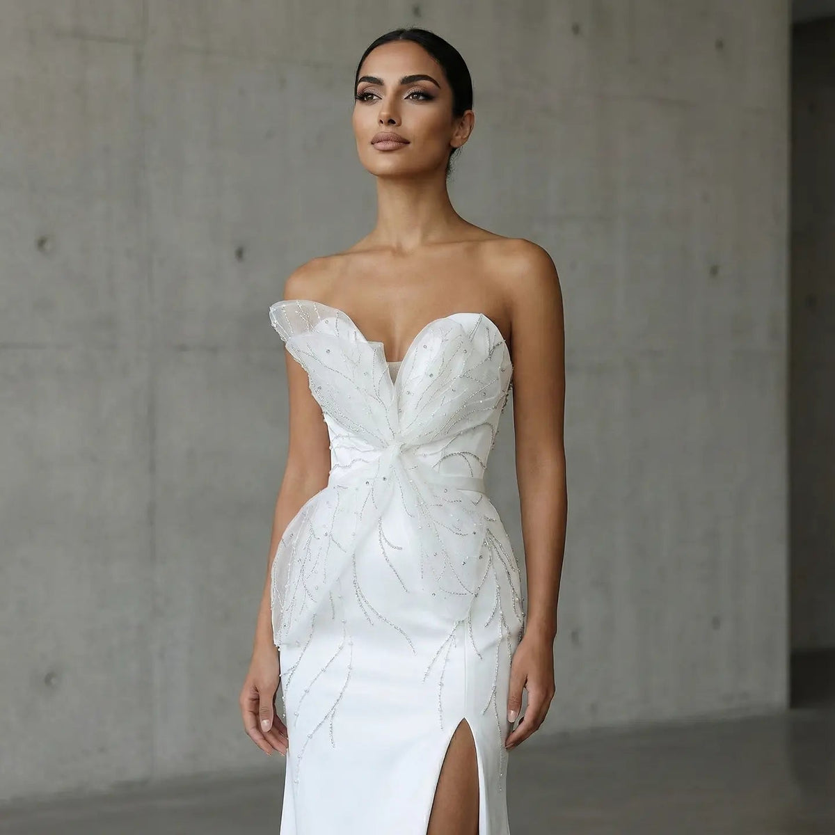 Charming White Beaded Ruched High Slit Sexy Evening Dress SS502