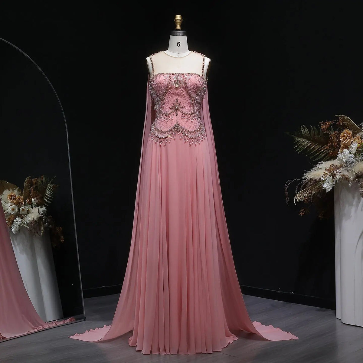 Elegant Silver Gold Large Crystal Evening Dress with Cap SS517