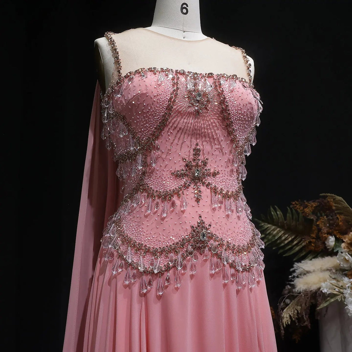Elegant Silver Gold Large Crystal Evening Dress with Cap SS517