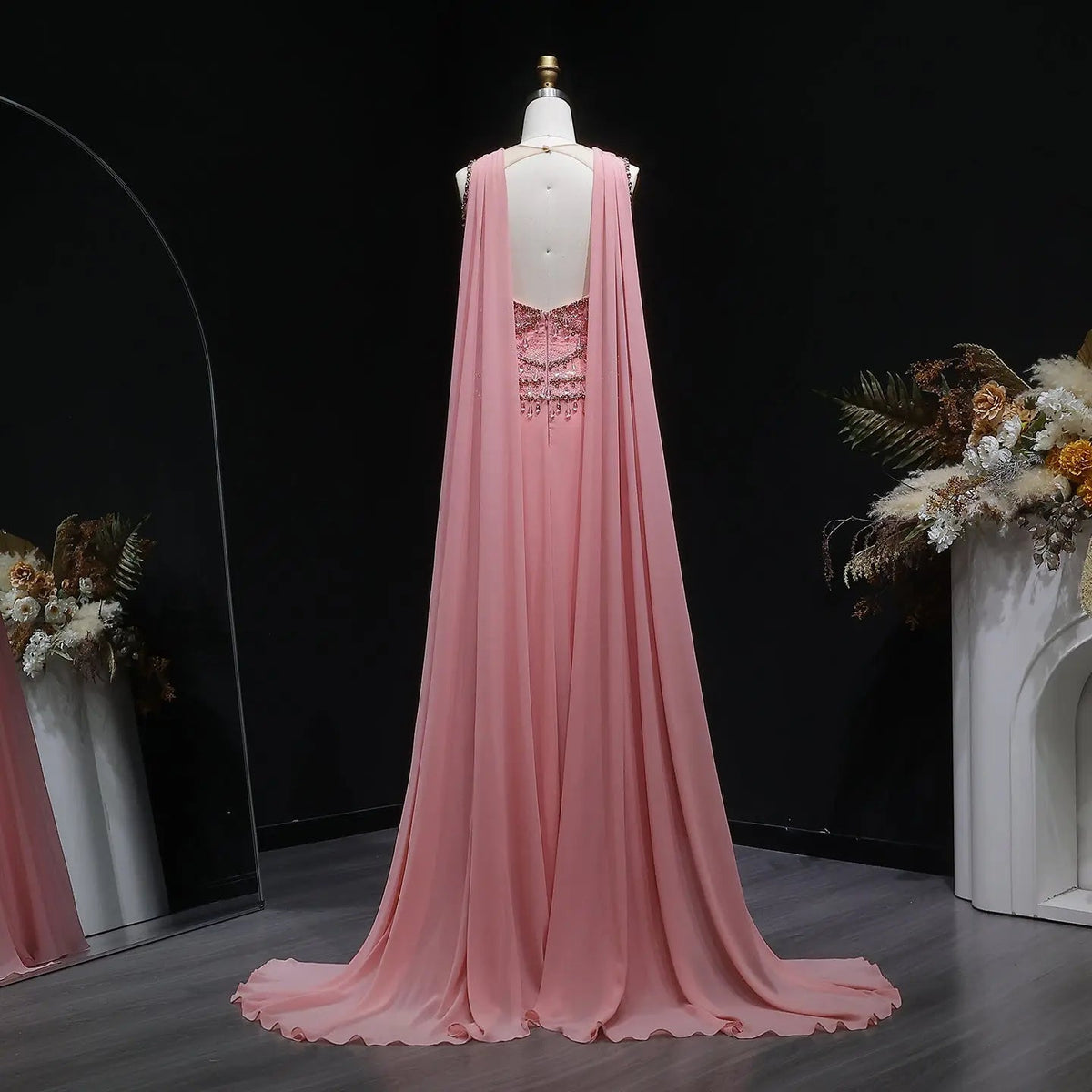 Elegant Silver Gold Large Crystal Evening Dress with Cap SS517