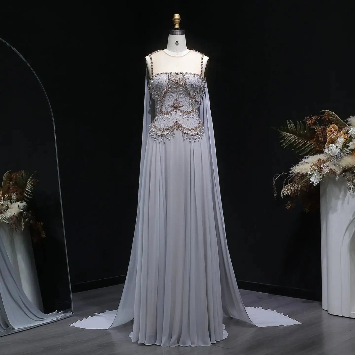 Elegant Silver Gold Large Crystal Evening Dress with Cap SS517