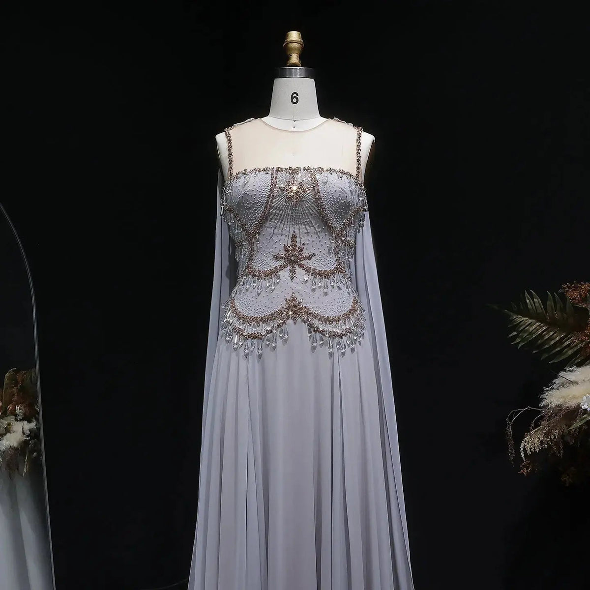 Elegant Silver Gold Large Crystal Evening Dress with Cap SS517