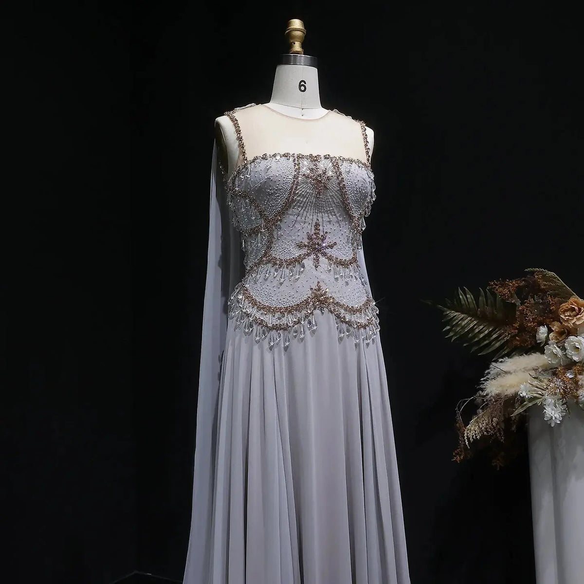 Elegant Silver Gold Large Crystal Evening Dress with Cap SS517