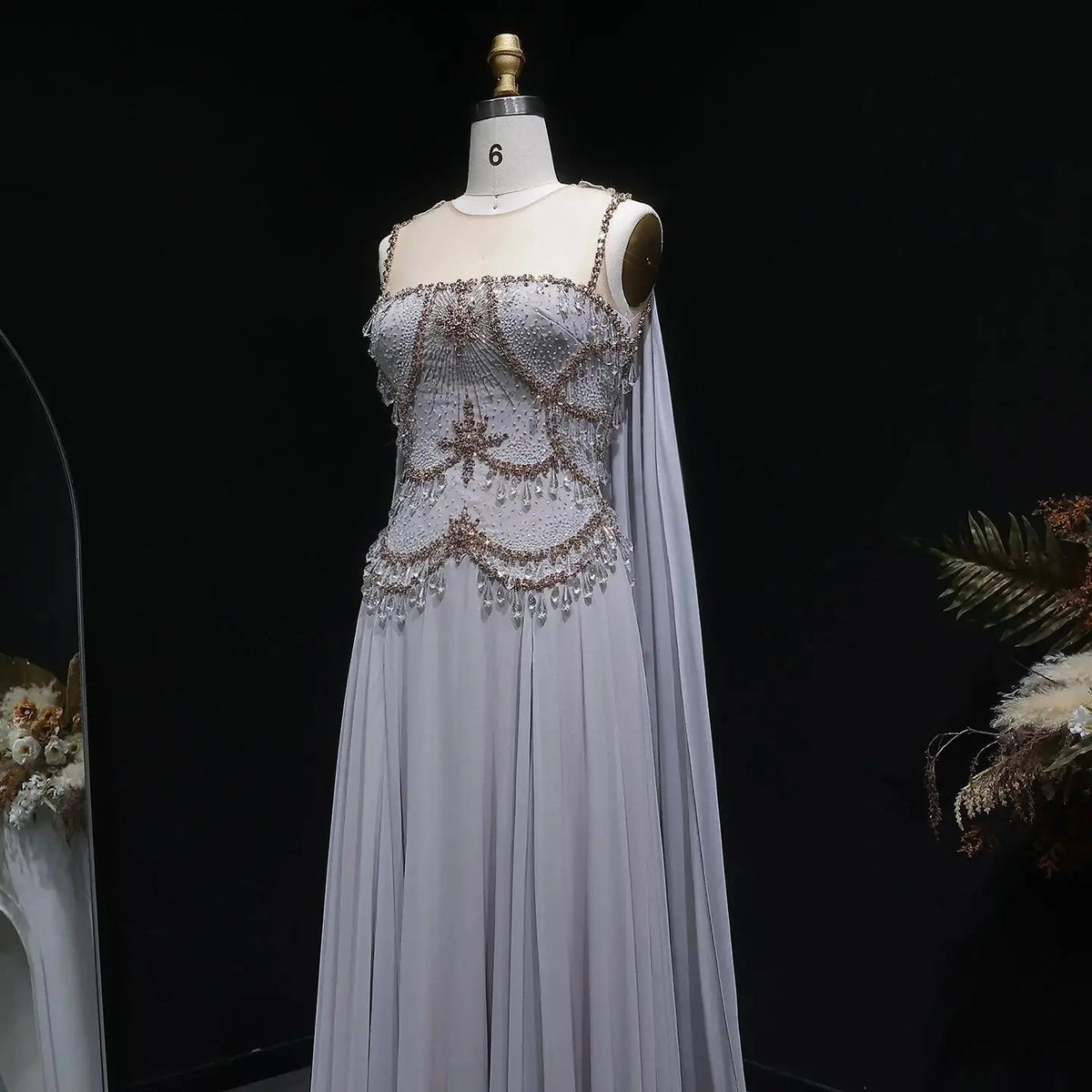 Elegant Silver Gold Large Crystal Evening Dress with Cap SS517