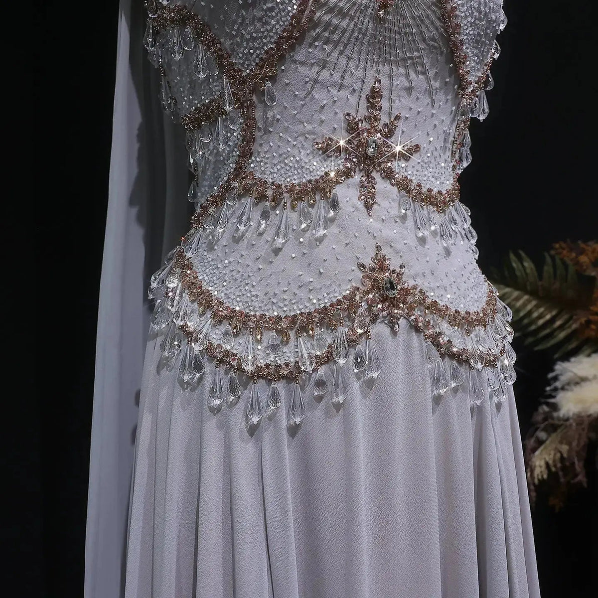 Elegant Silver Gold Large Crystal Evening Dress with Cap SS517