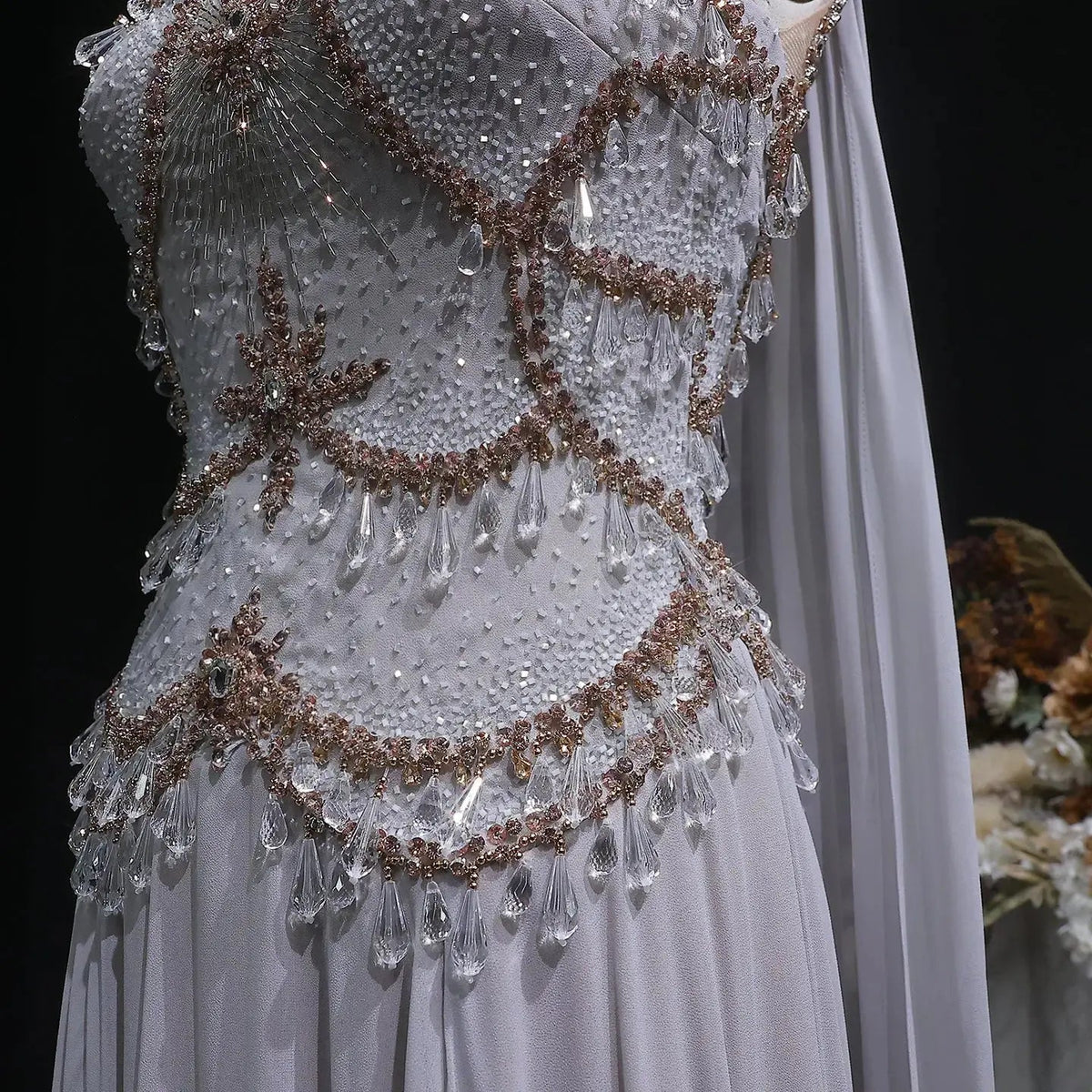 Elegant Silver Gold Large Crystal Evening Dress with Cap SS517