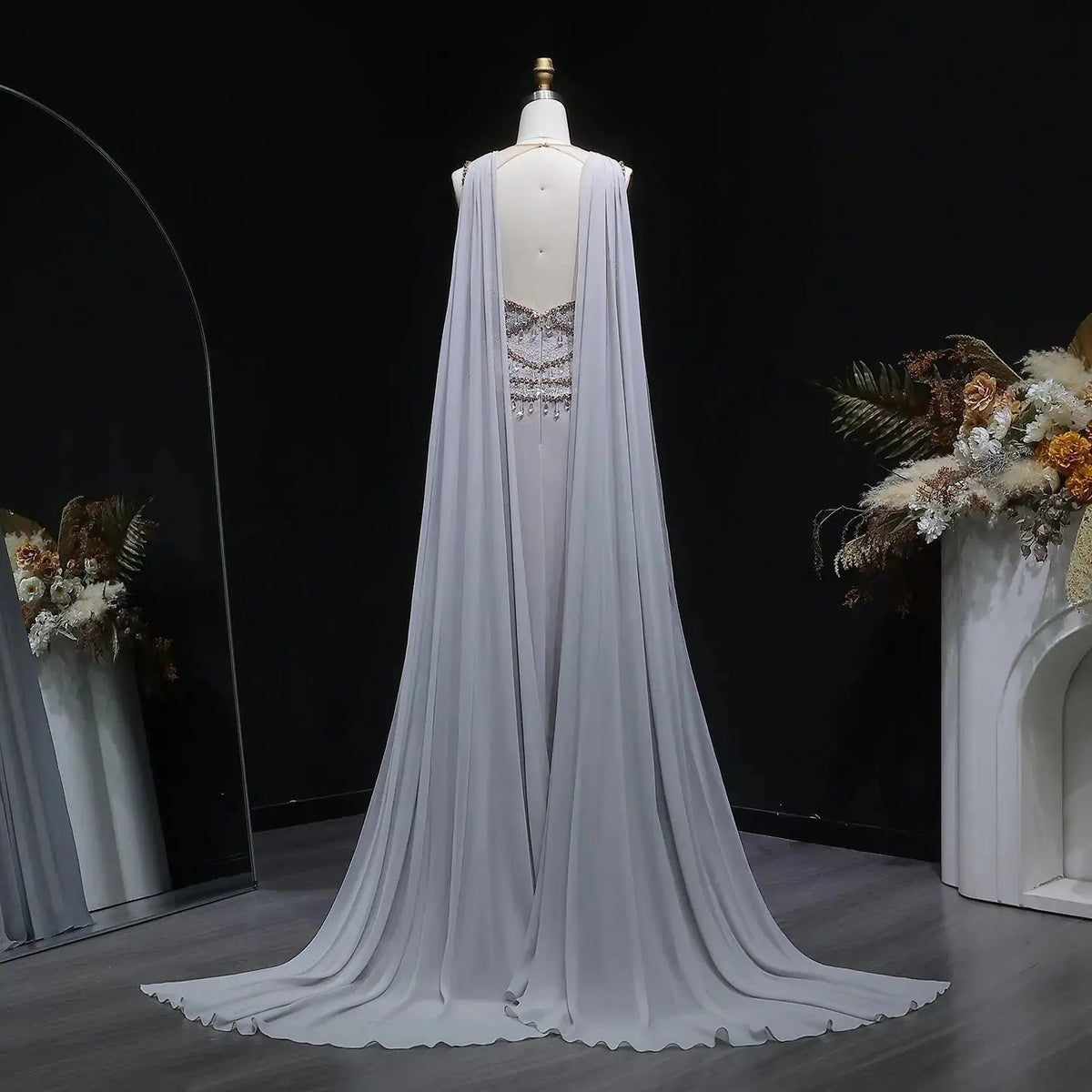 Elegant Silver Gold Large Crystal Evening Dress with Cap SS517