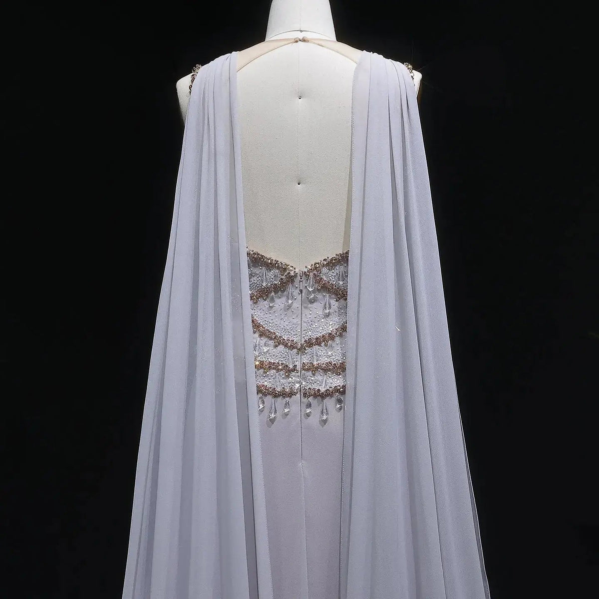 Elegant Silver Gold Large Crystal Evening Dress with Cap SS517
