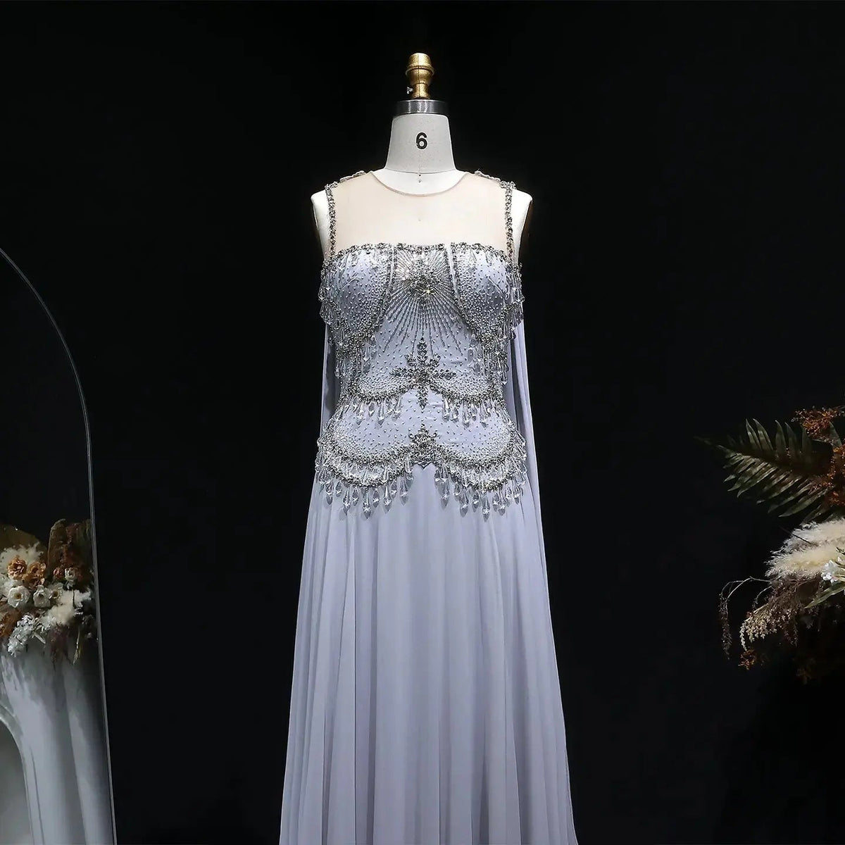 Elegant Silver Gold Large Crystal Evening Dress with Cap SS517